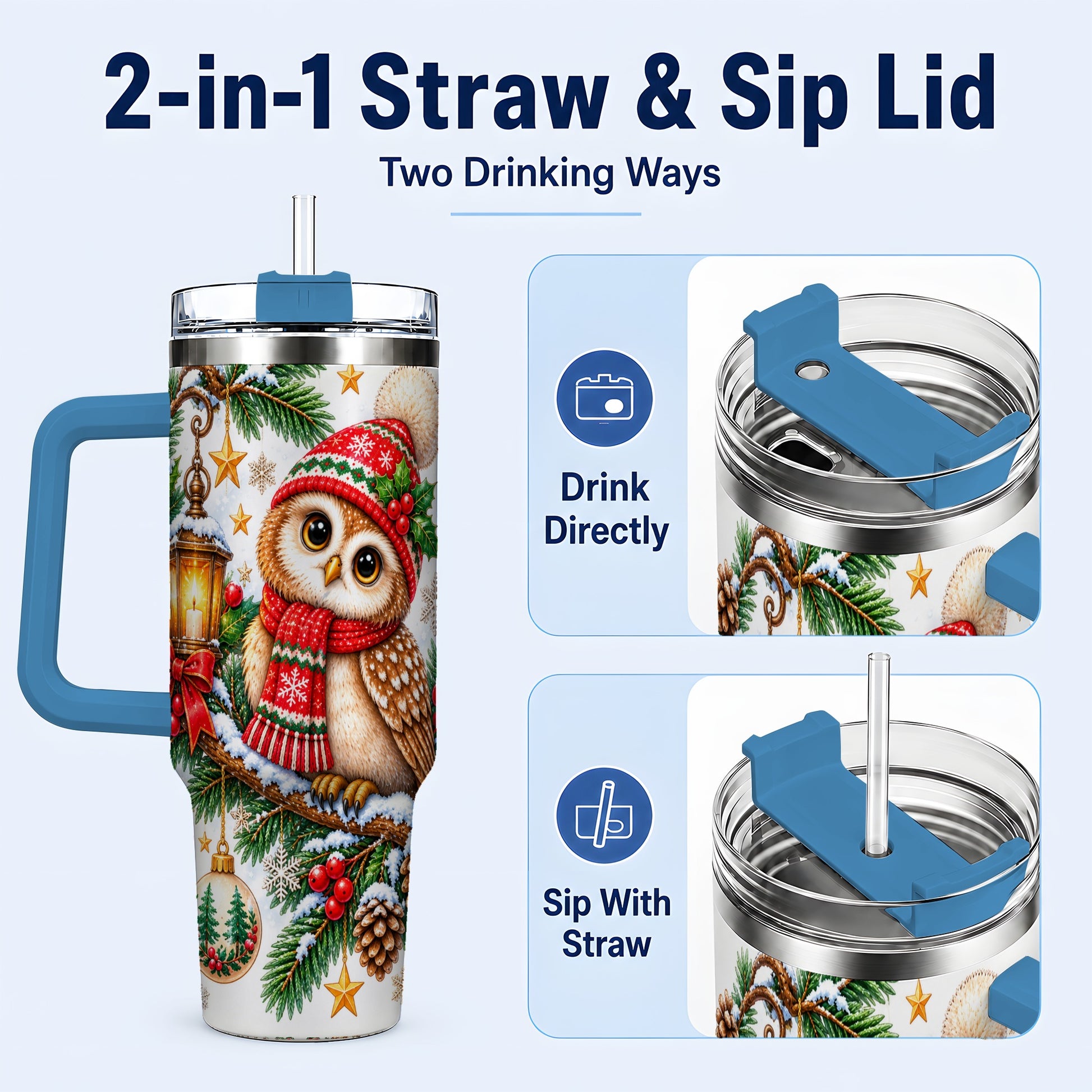 #pl[40oz|Blue] Cozy Owl 40oz Tumbler, Lantern Owl Tumbler, Stainless Steel Travel Cup