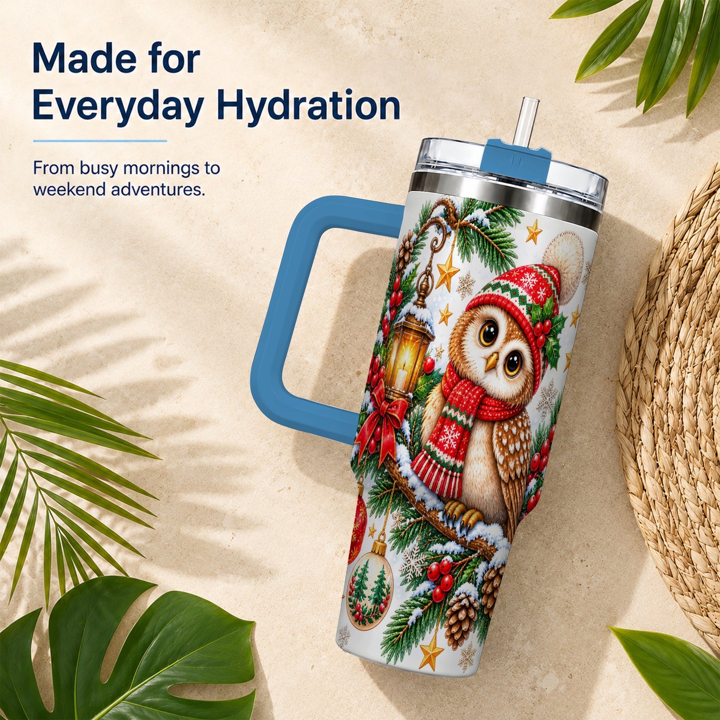 #pl[40oz|Blue] Cozy Owl 40oz Tumbler, Lantern Owl Tumbler, Stainless Steel Travel Cup