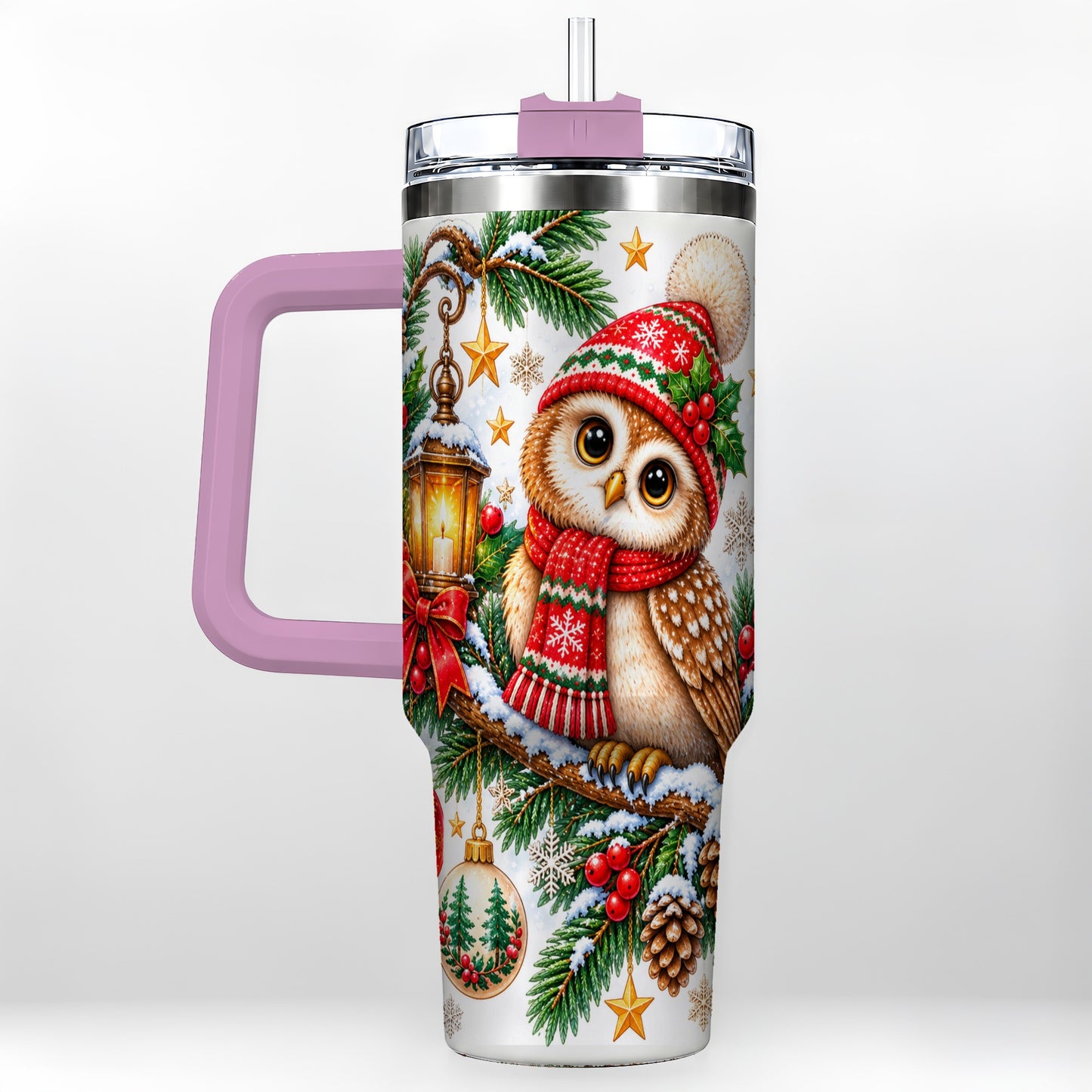 #pl[40oz|Pink] Cozy Owl 40oz Tumbler, Lantern Owl Tumbler, Stainless Steel Travel Cup