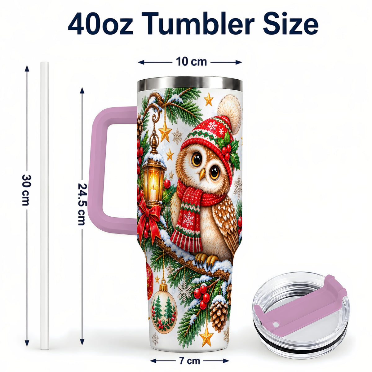 #pl[40oz|Pink] Cozy Owl 40oz Tumbler, Lantern Owl Tumbler, Stainless Steel Travel Cup