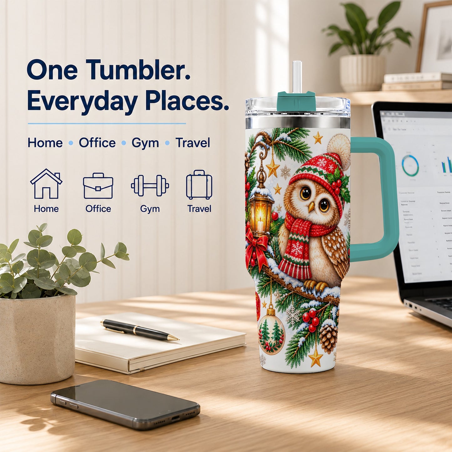 #pl[40oz|Green] Cozy Owl 40oz Tumbler, Lantern Owl Tumbler, Stainless Steel Travel Cup