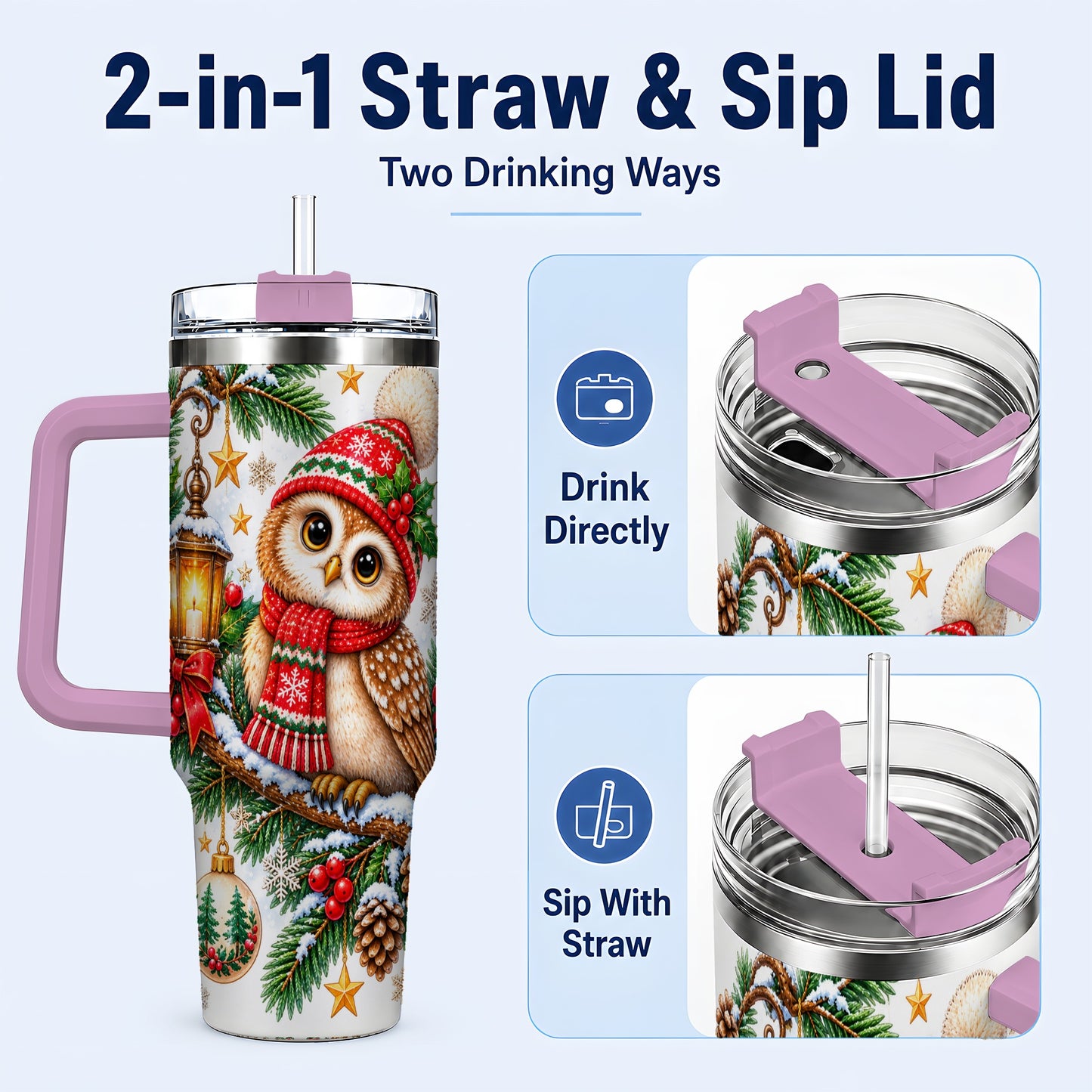 #pl[40oz|Pink] Cozy Owl 40oz Tumbler, Lantern Owl Tumbler, Stainless Steel Travel Cup