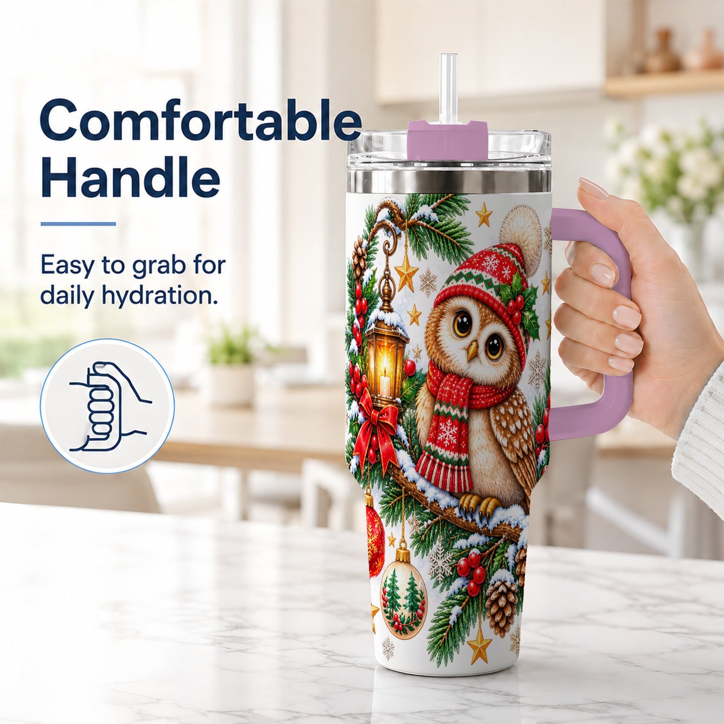 #pl[40oz|Pink] Cozy Owl 40oz Tumbler, Lantern Owl Tumbler, Stainless Steel Travel Cup
