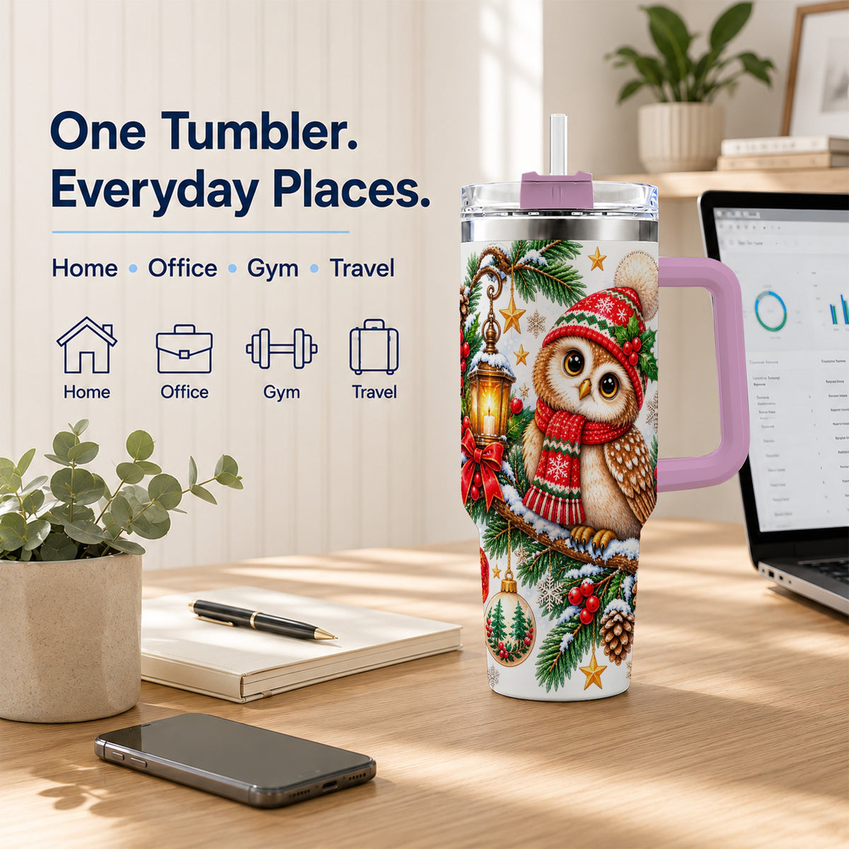 #pl[40oz|Pink] Cozy Owl 40oz Tumbler, Lantern Owl Tumbler, Stainless Steel Travel Cup