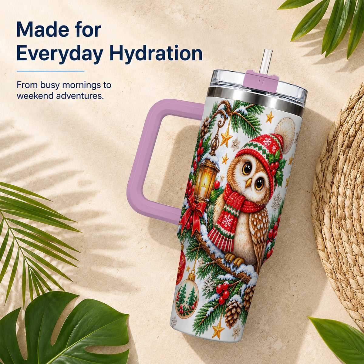 #pl[40oz|Pink] Cozy Owl 40oz Tumbler, Lantern Owl Tumbler, Stainless Steel Travel Cup