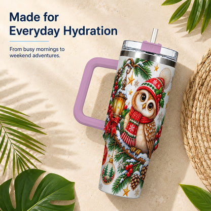 #pl[40oz|Pink] Cozy Owl 40oz Tumbler, Lantern Owl Tumbler, Stainless Steel Travel Cup