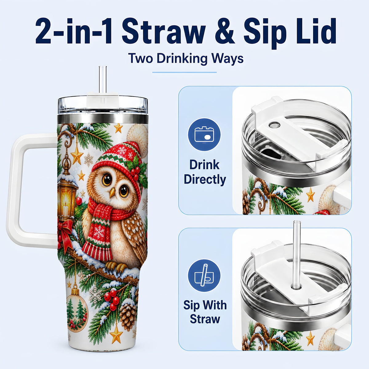 #pl[40oz|White] Cozy Owl 40oz Tumbler, Lantern Owl Tumbler, Stainless Steel Travel Cup