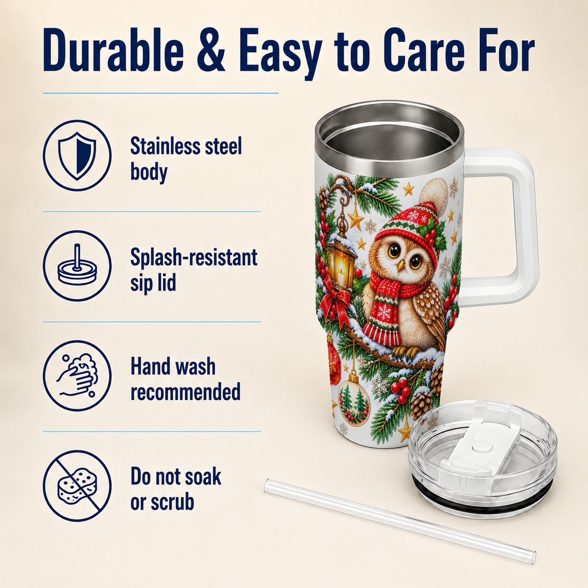 #pl[40oz|White] Cozy Owl 40oz Tumbler, Lantern Owl Tumbler, Stainless Steel Travel Cup