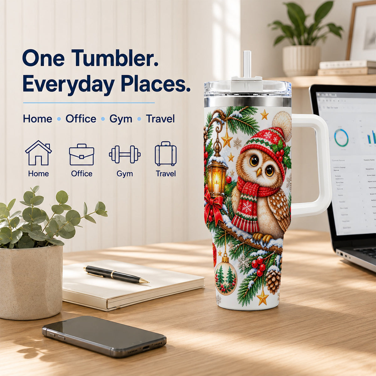 #pl[40oz|White] Cozy Owl 40oz Tumbler, Lantern Owl Tumbler, Stainless Steel Travel Cup