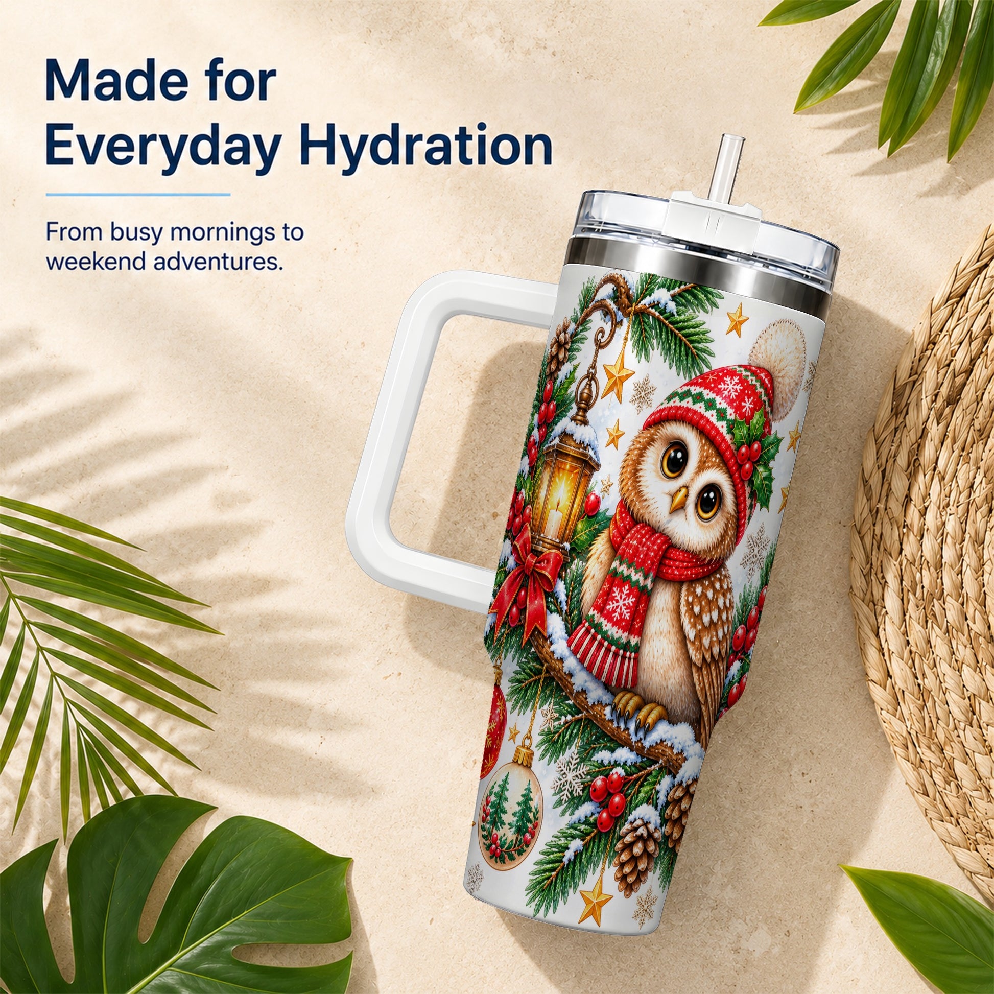 #pl[40oz|White] Cozy Owl 40oz Tumbler, Lantern Owl Tumbler, Stainless Steel Travel Cup