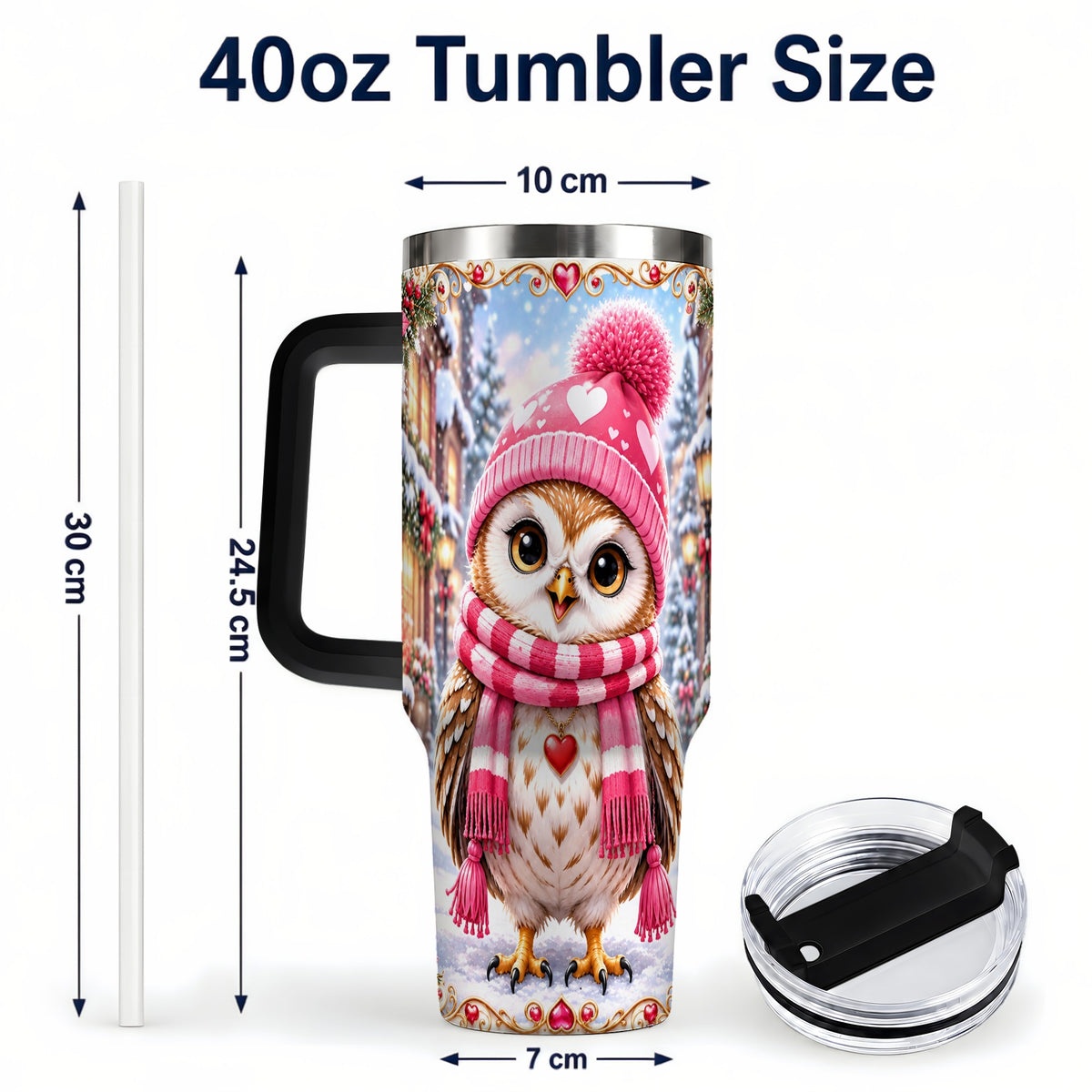 #pl[40oz|Black] Heart Owl 40oz Tumbler, Christmas Owl Tumbler, Stainless Steel Travel Cup