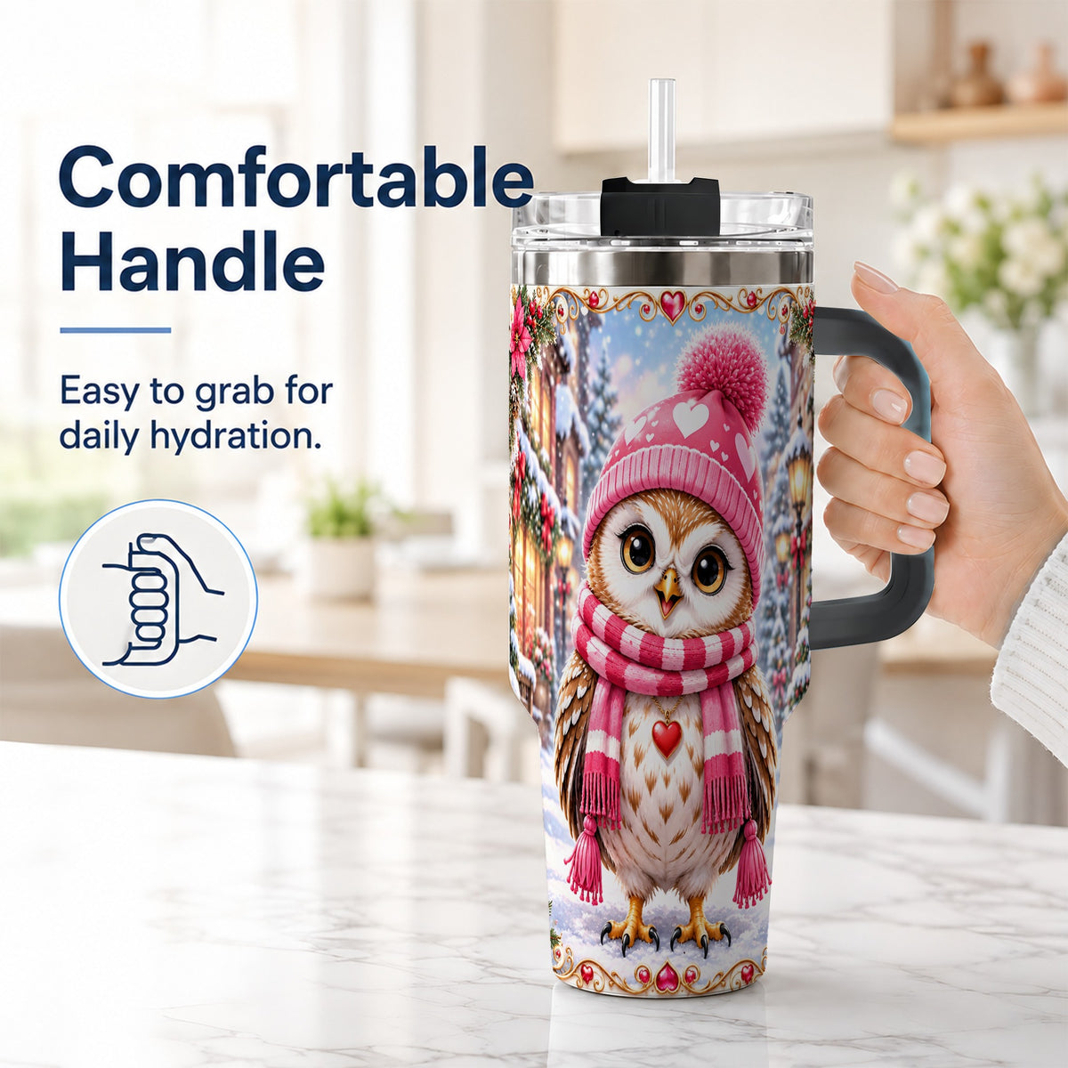 #pl[40oz|Black] Heart Owl 40oz Tumbler, Christmas Owl Tumbler, Stainless Steel Travel Cup