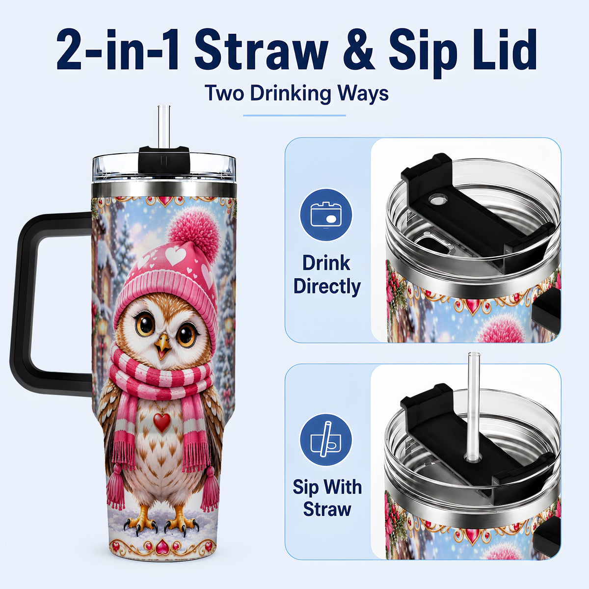 #pl[40oz|Black] Heart Owl 40oz Tumbler, Christmas Owl Tumbler, Stainless Steel Travel Cup