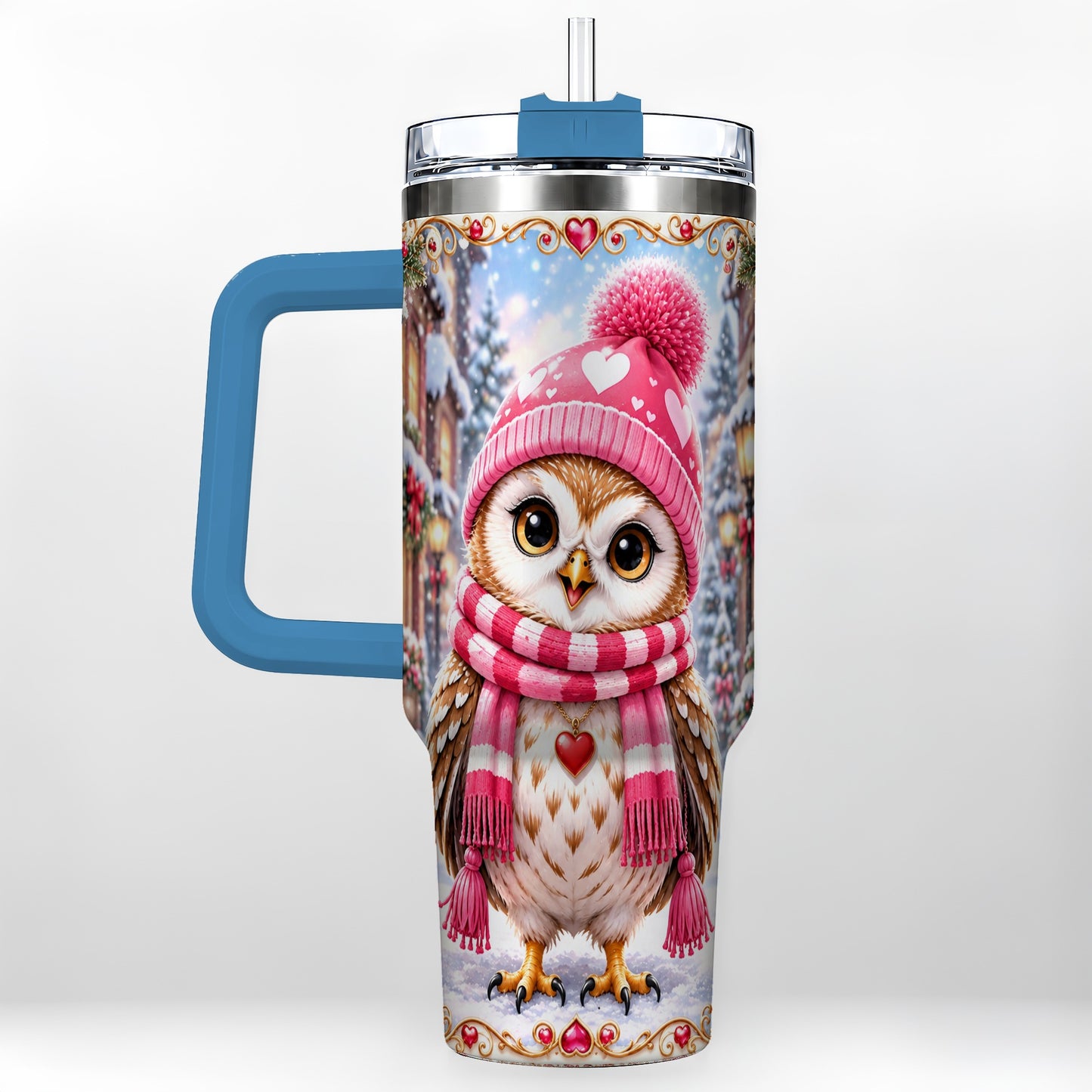 #pl[40oz|Blue] Heart Owl 40oz Tumbler, Christmas Owl Tumbler, Stainless Steel Travel Cup