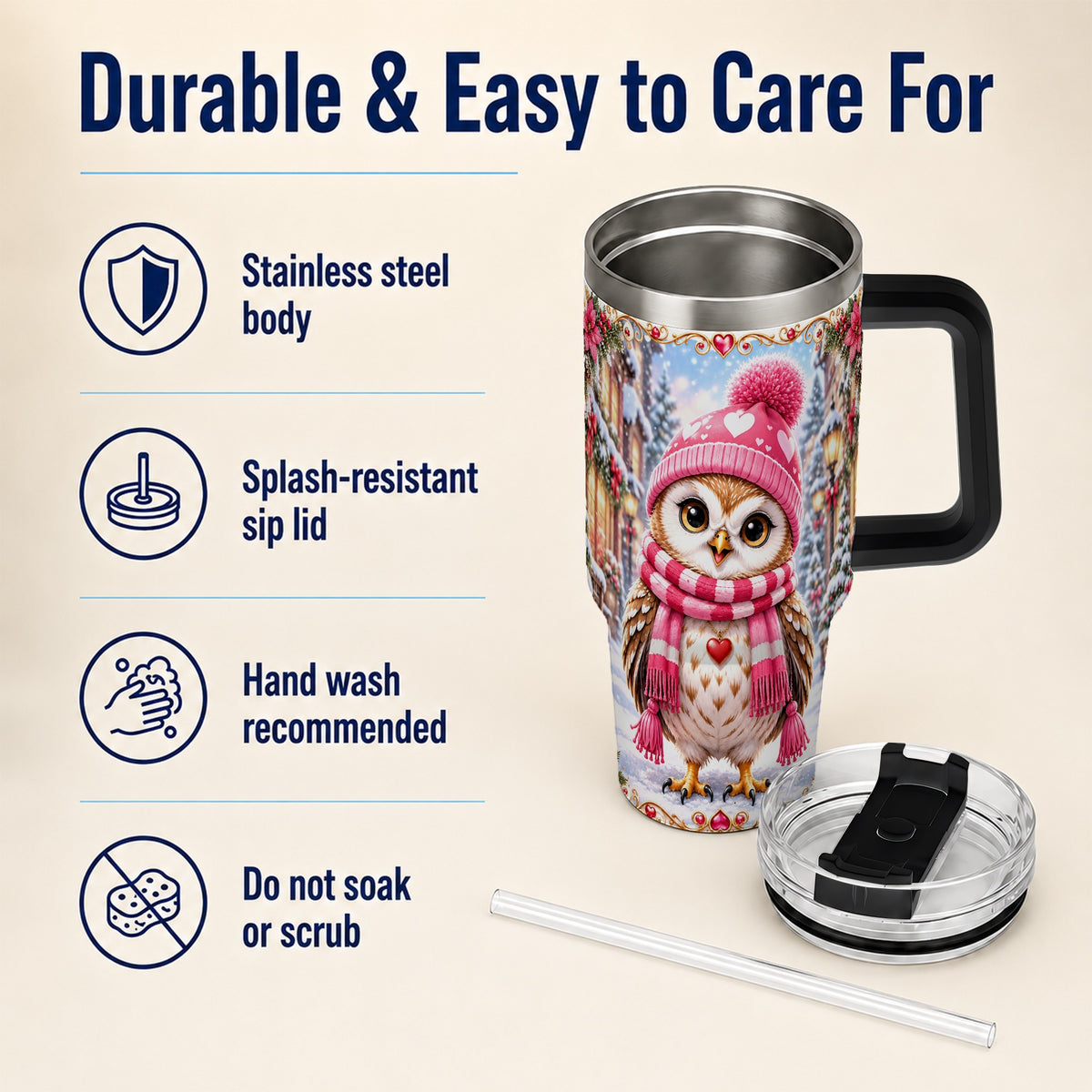 #pl[40oz|Black] Heart Owl 40oz Tumbler, Christmas Owl Tumbler, Stainless Steel Travel Cup