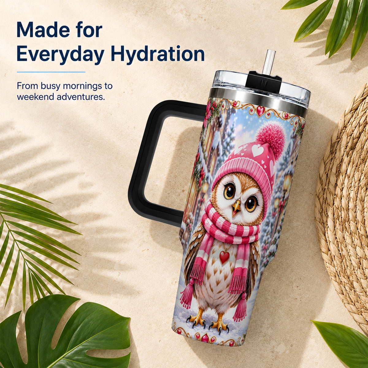 #pl[40oz|Black] Heart Owl 40oz Tumbler, Christmas Owl Tumbler, Stainless Steel Travel Cup