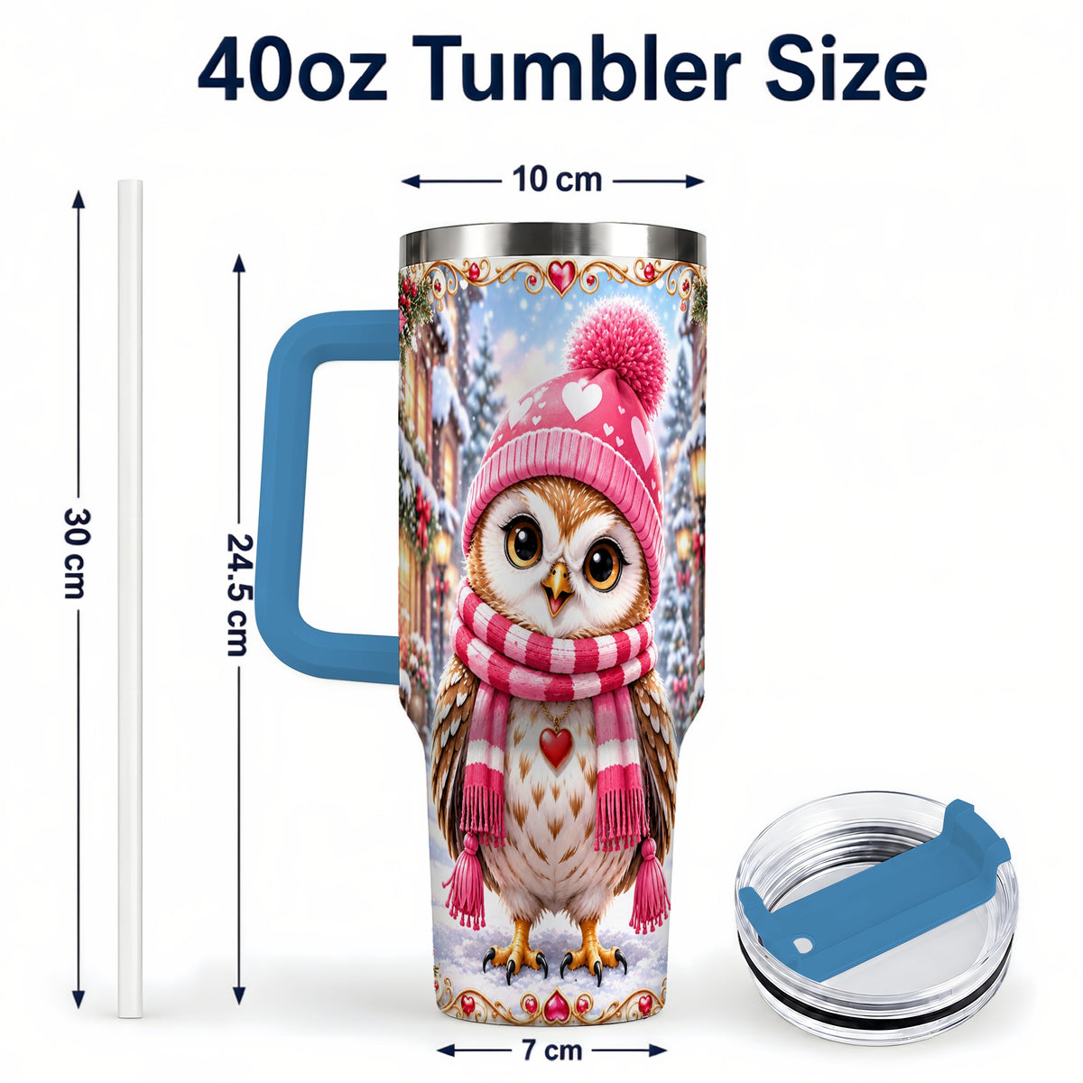 #pl[40oz|Blue] Heart Owl 40oz Tumbler, Christmas Owl Tumbler, Stainless Steel Travel Cup