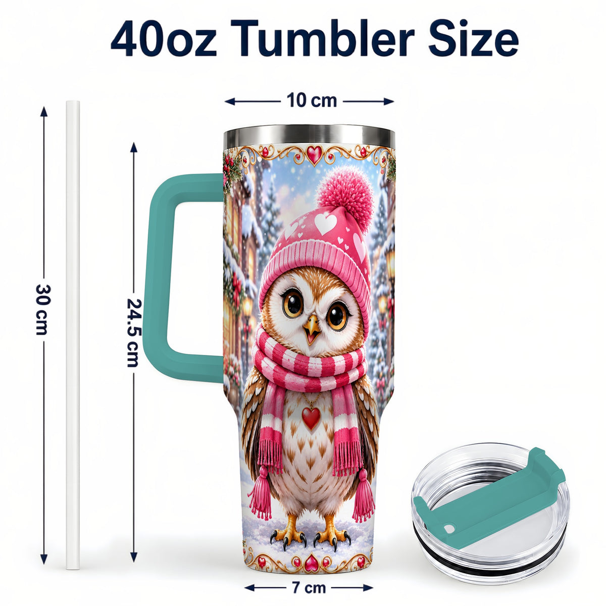 #pl[40oz|Green] Heart Owl 40oz Tumbler, Christmas Owl Tumbler, Stainless Steel Travel Cup