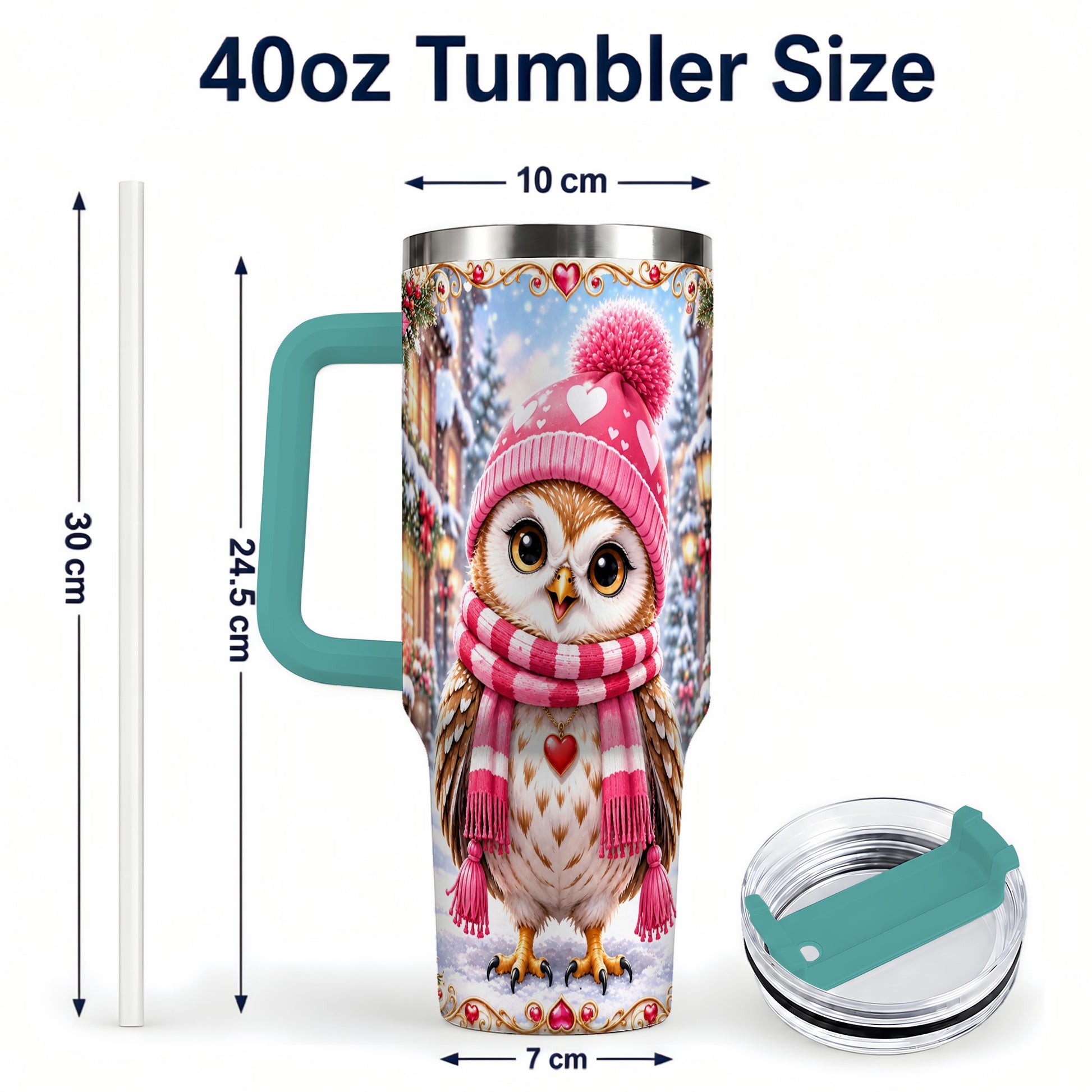 #pl[40oz|Green] Heart Owl 40oz Tumbler, Christmas Owl Tumbler, Stainless Steel Travel Cup