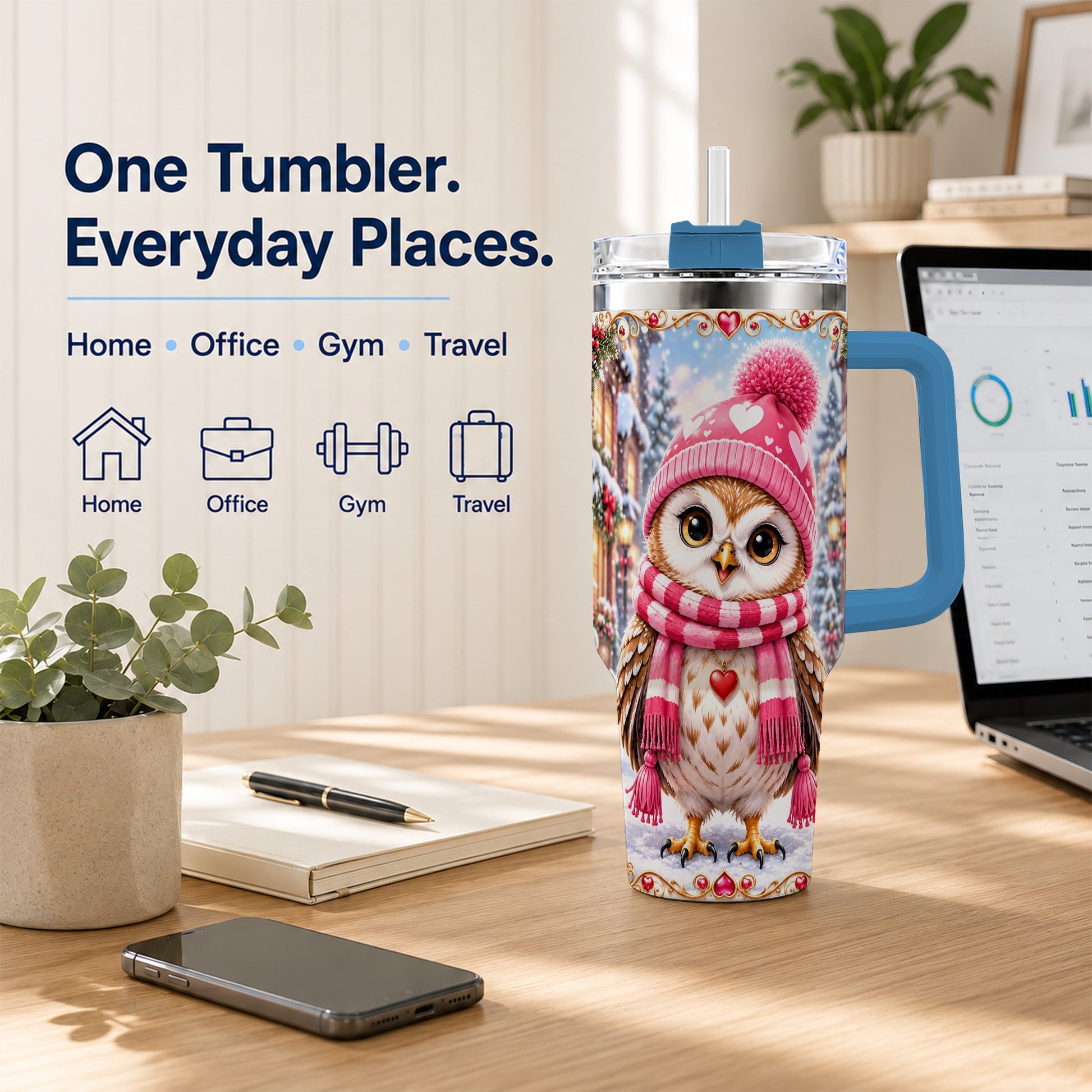 #pl[40oz|Blue] Heart Owl 40oz Tumbler, Christmas Owl Tumbler, Stainless Steel Travel Cup