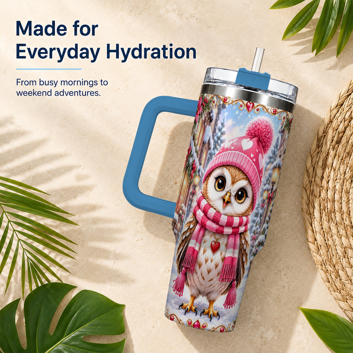 #pl[40oz|Blue] Heart Owl 40oz Tumbler, Christmas Owl Tumbler, Stainless Steel Travel Cup
