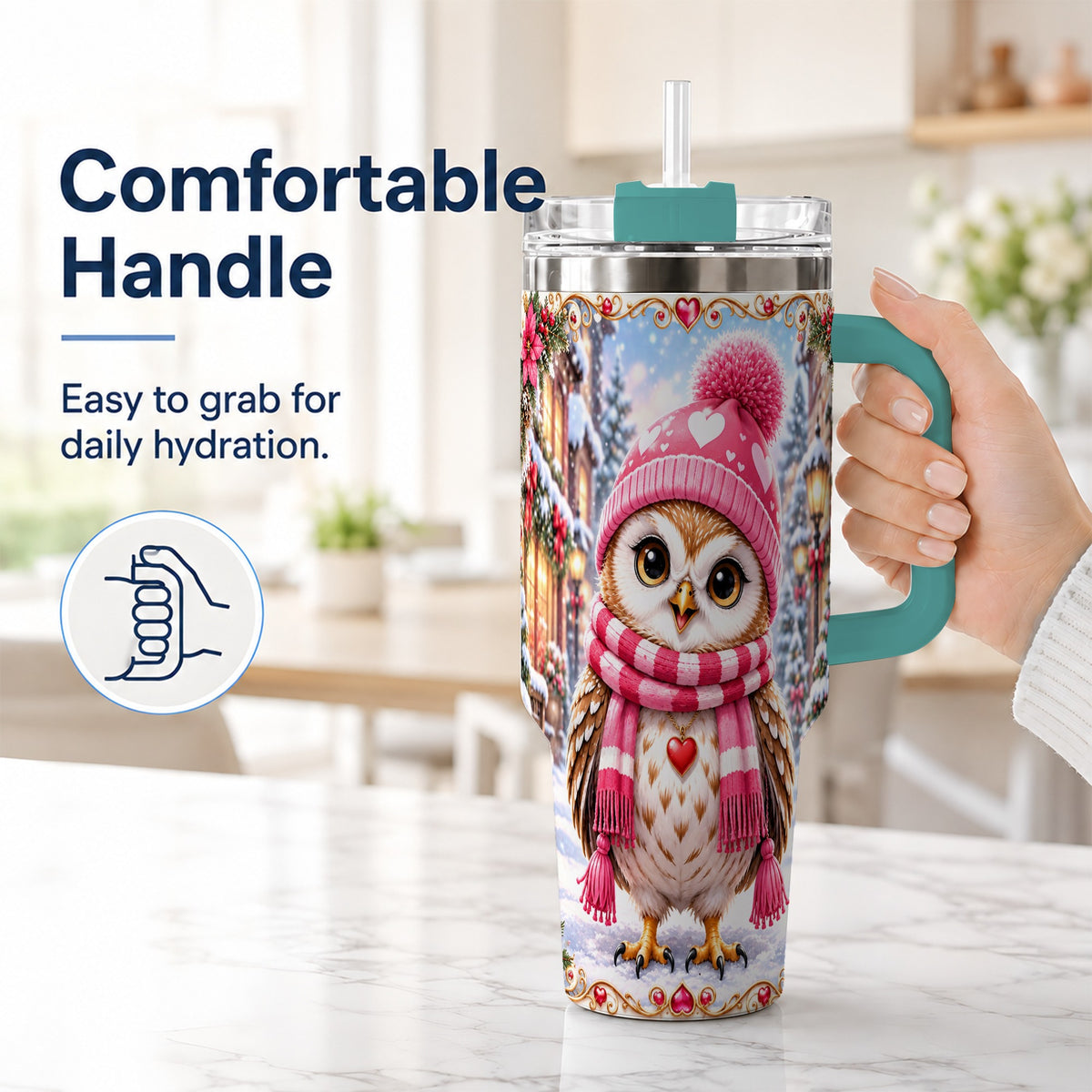 #pl[40oz|Green] Heart Owl 40oz Tumbler, Christmas Owl Tumbler, Stainless Steel Travel Cup