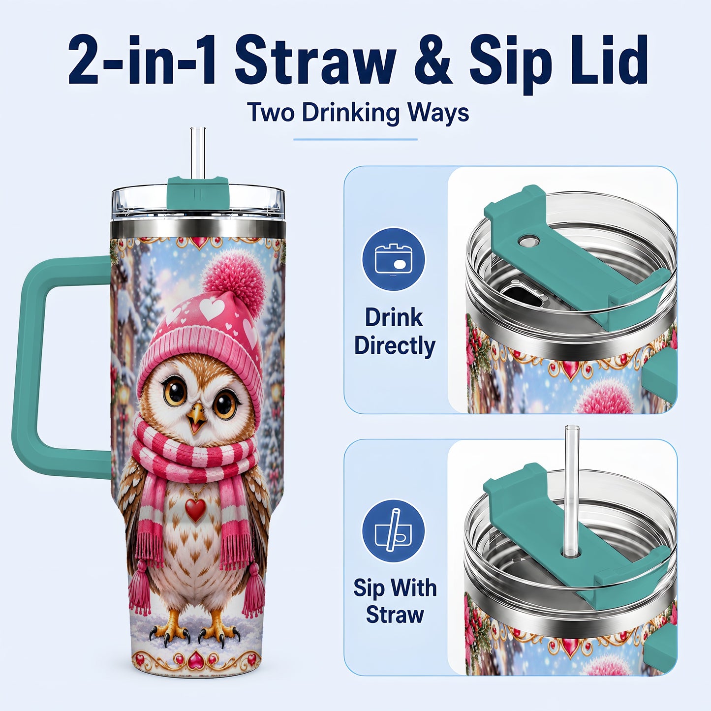 #pl[40oz|Green] Heart Owl 40oz Tumbler, Christmas Owl Tumbler, Stainless Steel Travel Cup
