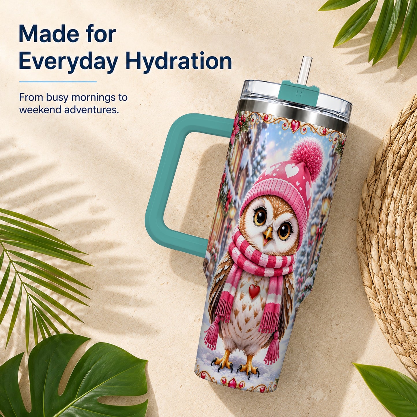 #pl[40oz|Green] Heart Owl 40oz Tumbler, Christmas Owl Tumbler, Stainless Steel Travel Cup