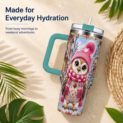 #pl[40oz|Green] Heart Owl 40oz Tumbler, Christmas Owl Tumbler, Stainless Steel Travel Cup