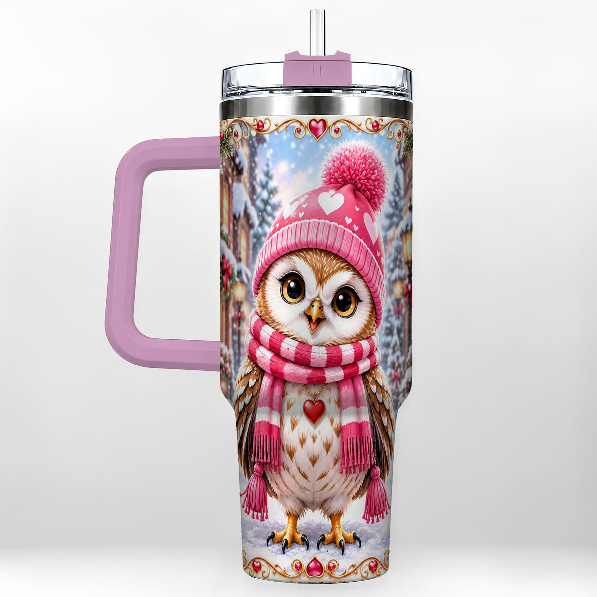 #pl[40oz|Pink] Heart Owl 40oz Tumbler, Christmas Owl Tumbler, Stainless Steel Travel Cup