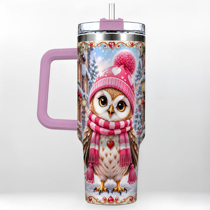 #pl[40oz|Pink] Heart Owl 40oz Tumbler, Christmas Owl Tumbler, Stainless Steel Travel Cup