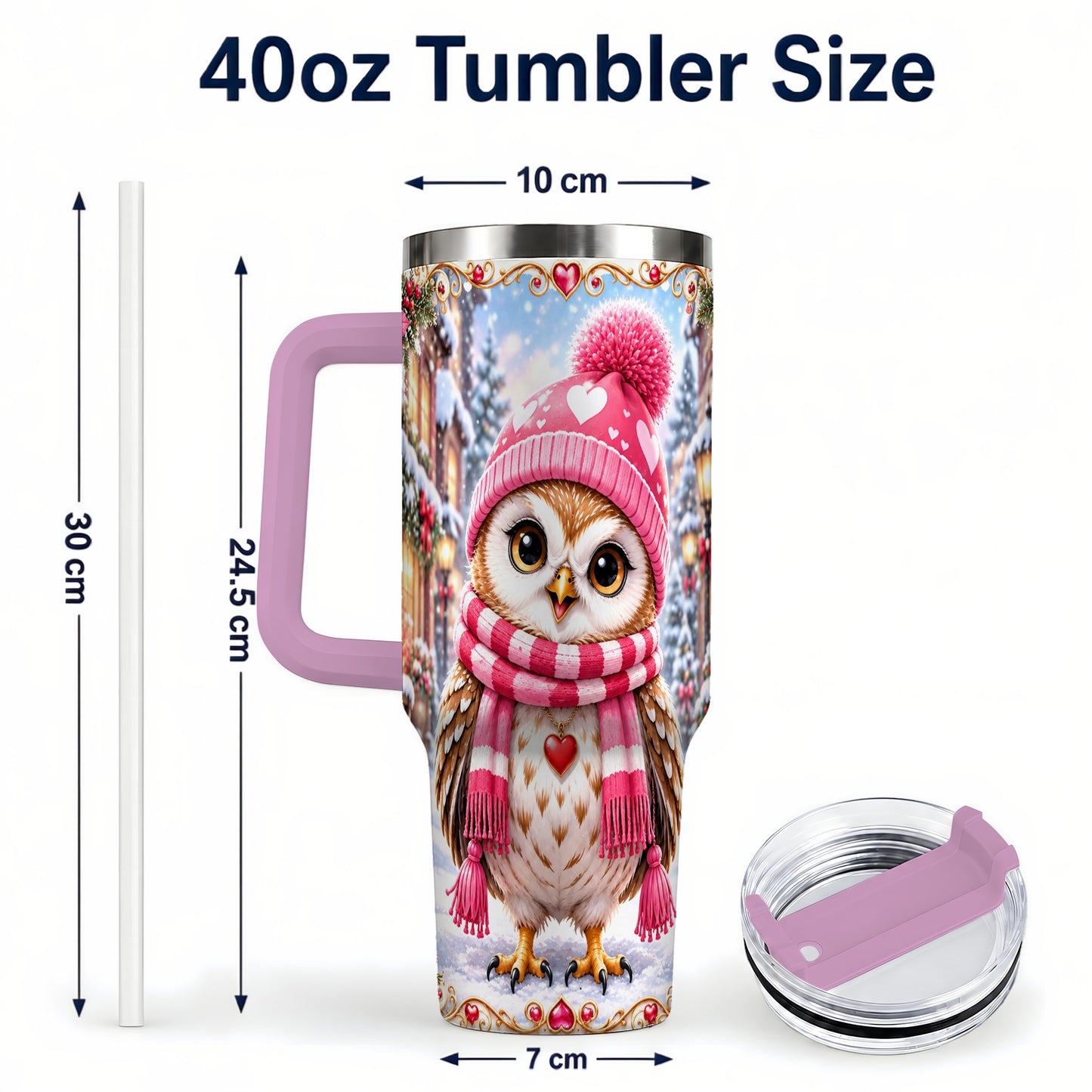 #pl[40oz|Pink] Heart Owl 40oz Tumbler, Christmas Owl Tumbler, Stainless Steel Travel Cup