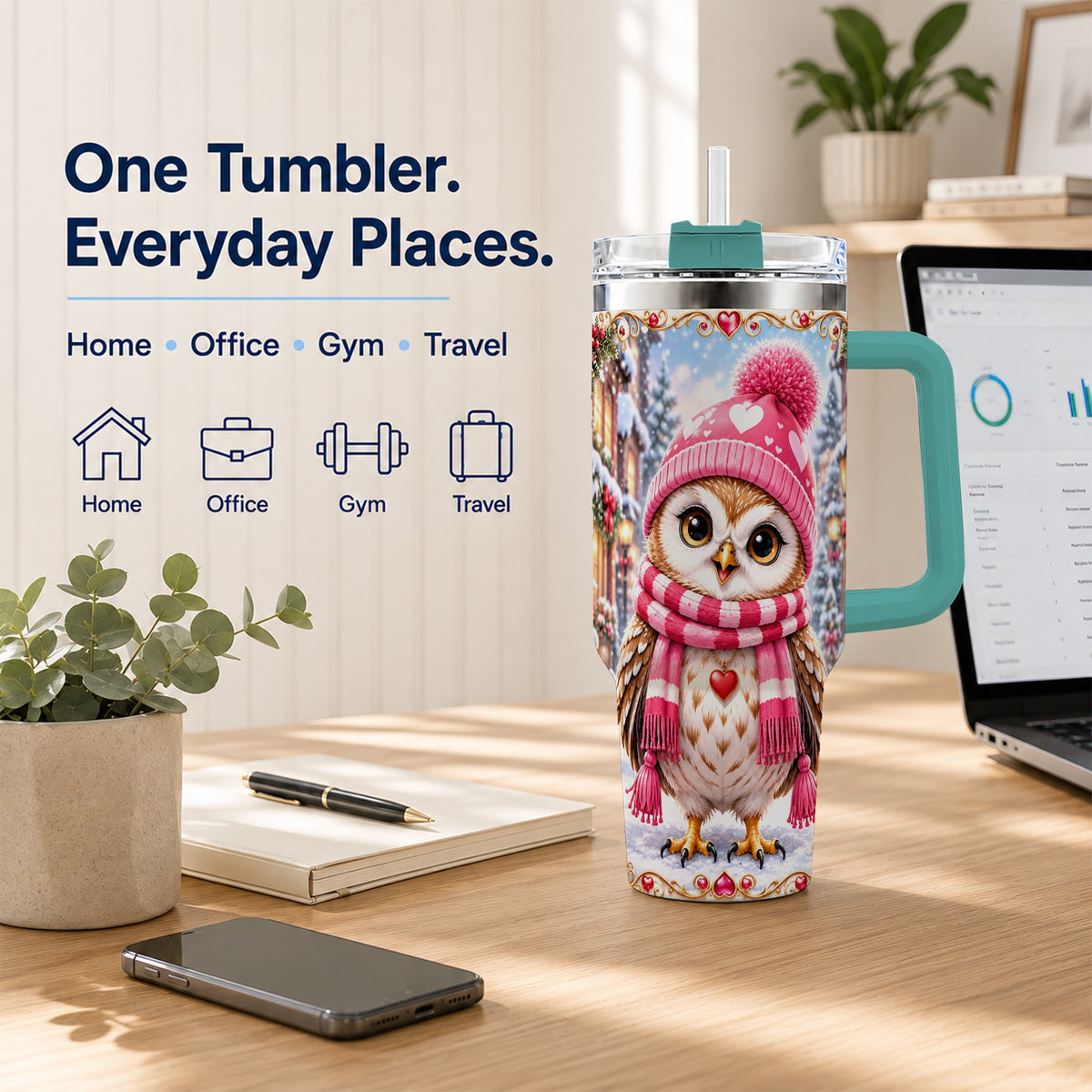 #pl[40oz|Green] Heart Owl 40oz Tumbler, Christmas Owl Tumbler, Stainless Steel Travel Cup