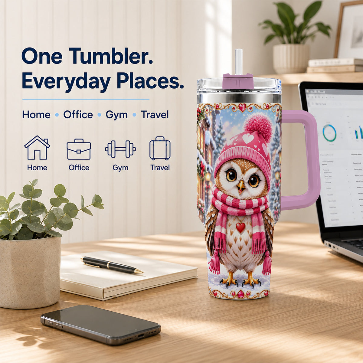 #pl[40oz|Pink] Heart Owl 40oz Tumbler, Christmas Owl Tumbler, Stainless Steel Travel Cup