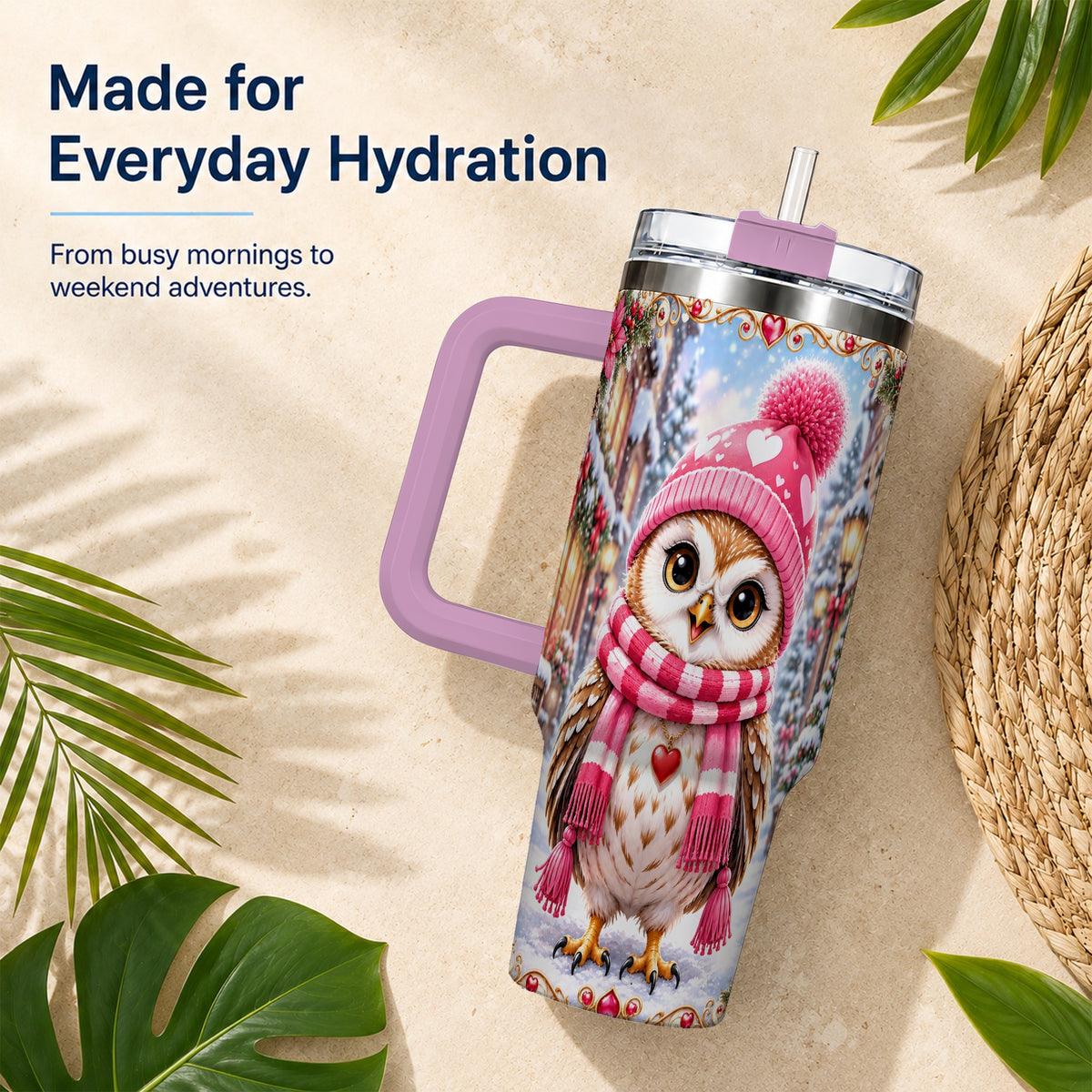 #pl[40oz|Pink] Heart Owl 40oz Tumbler, Christmas Owl Tumbler, Stainless Steel Travel Cup