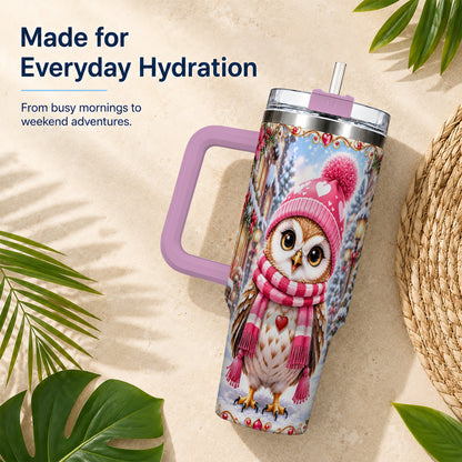 #pl[40oz|Pink] Heart Owl 40oz Tumbler, Christmas Owl Tumbler, Stainless Steel Travel Cup