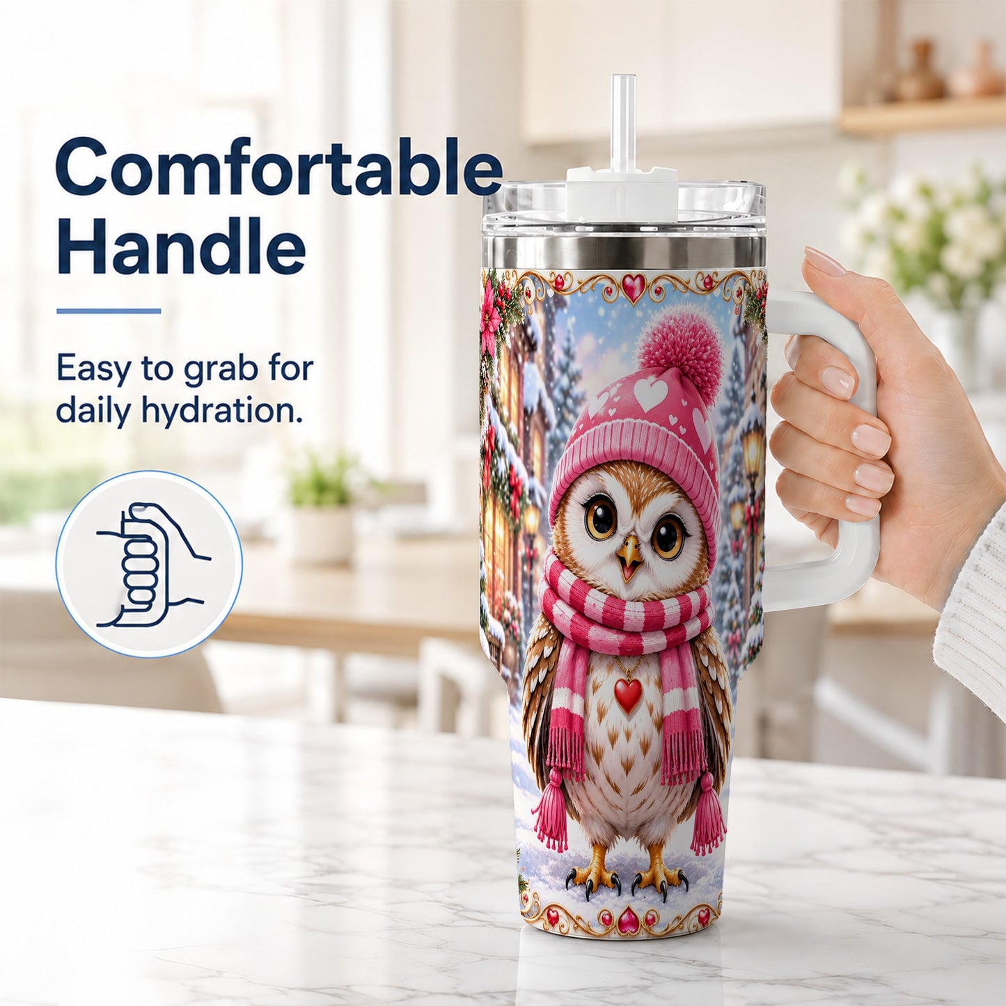 #pl[40oz|White] Heart Owl 40oz Tumbler, Christmas Owl Tumbler, Stainless Steel Travel Cup