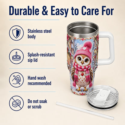 #pl[40oz|White] Heart Owl 40oz Tumbler, Christmas Owl Tumbler, Stainless Steel Travel Cup