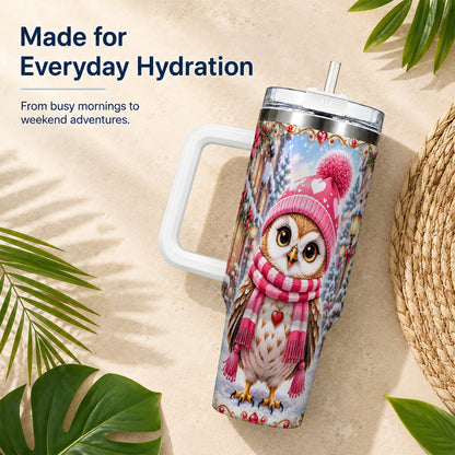 #pl[40oz|White] Heart Owl 40oz Tumbler, Christmas Owl Tumbler, Stainless Steel Travel Cup