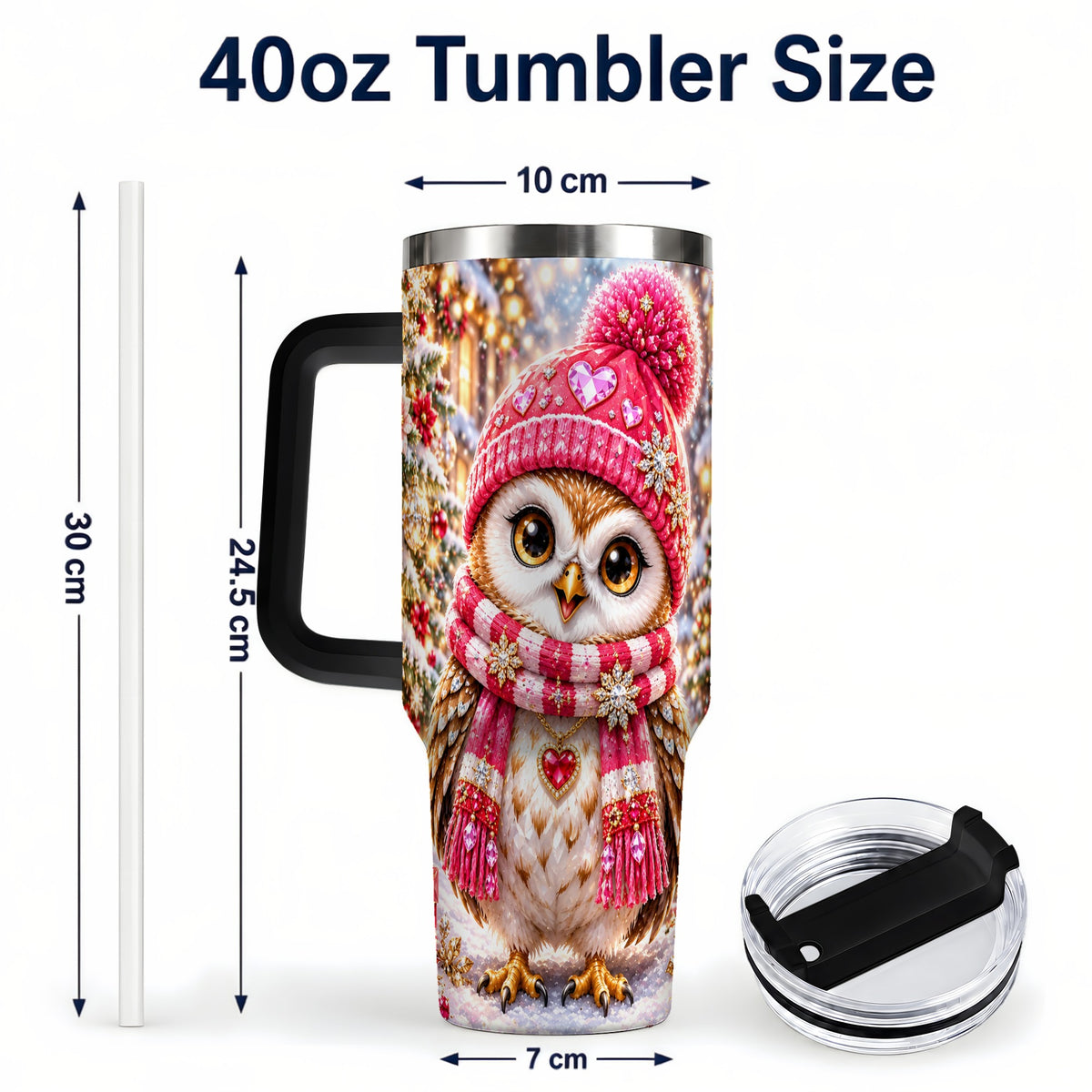 #pl[40oz|Black] Jeweled Owl 40oz Tumbler, Winter Owl Tumbler, Stainless Steel Travel Cup