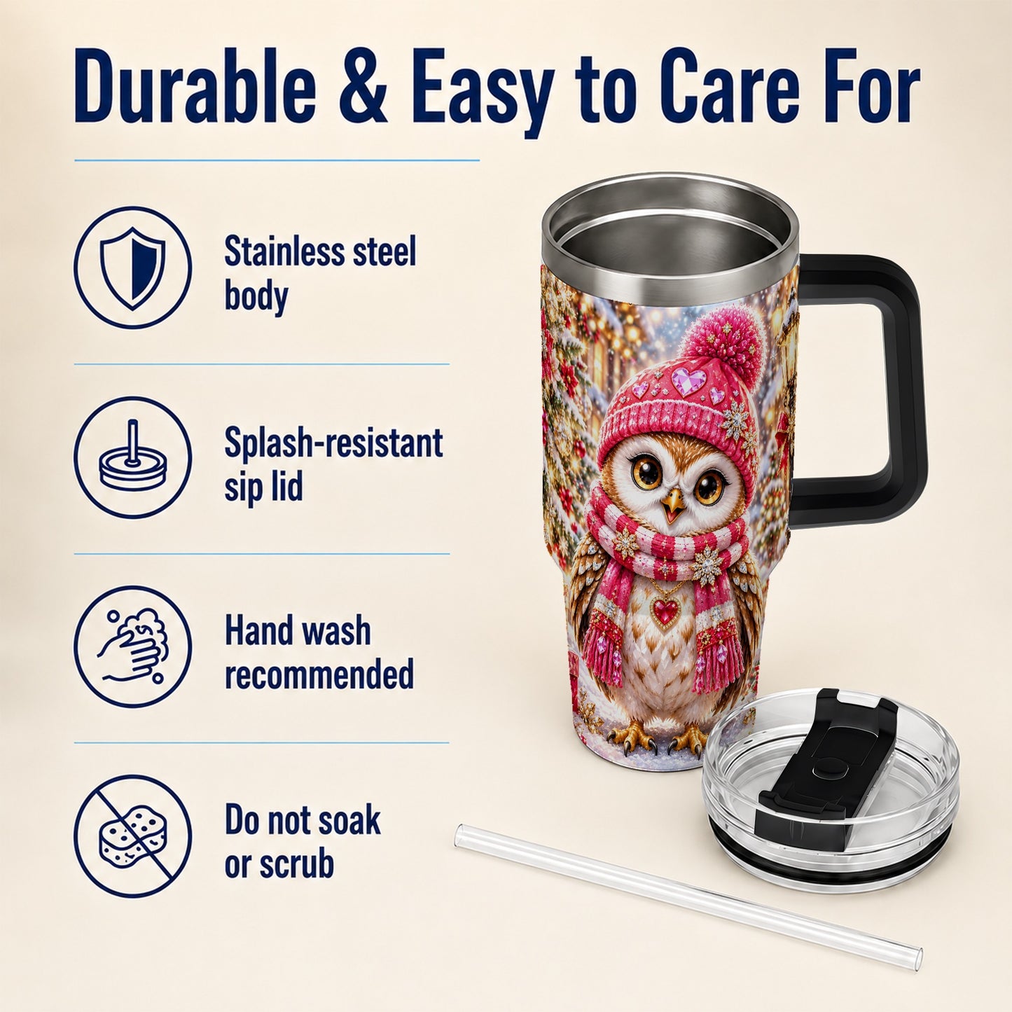 #pl[40oz|Black] Jeweled Owl 40oz Tumbler, Winter Owl Tumbler, Stainless Steel Travel Cup