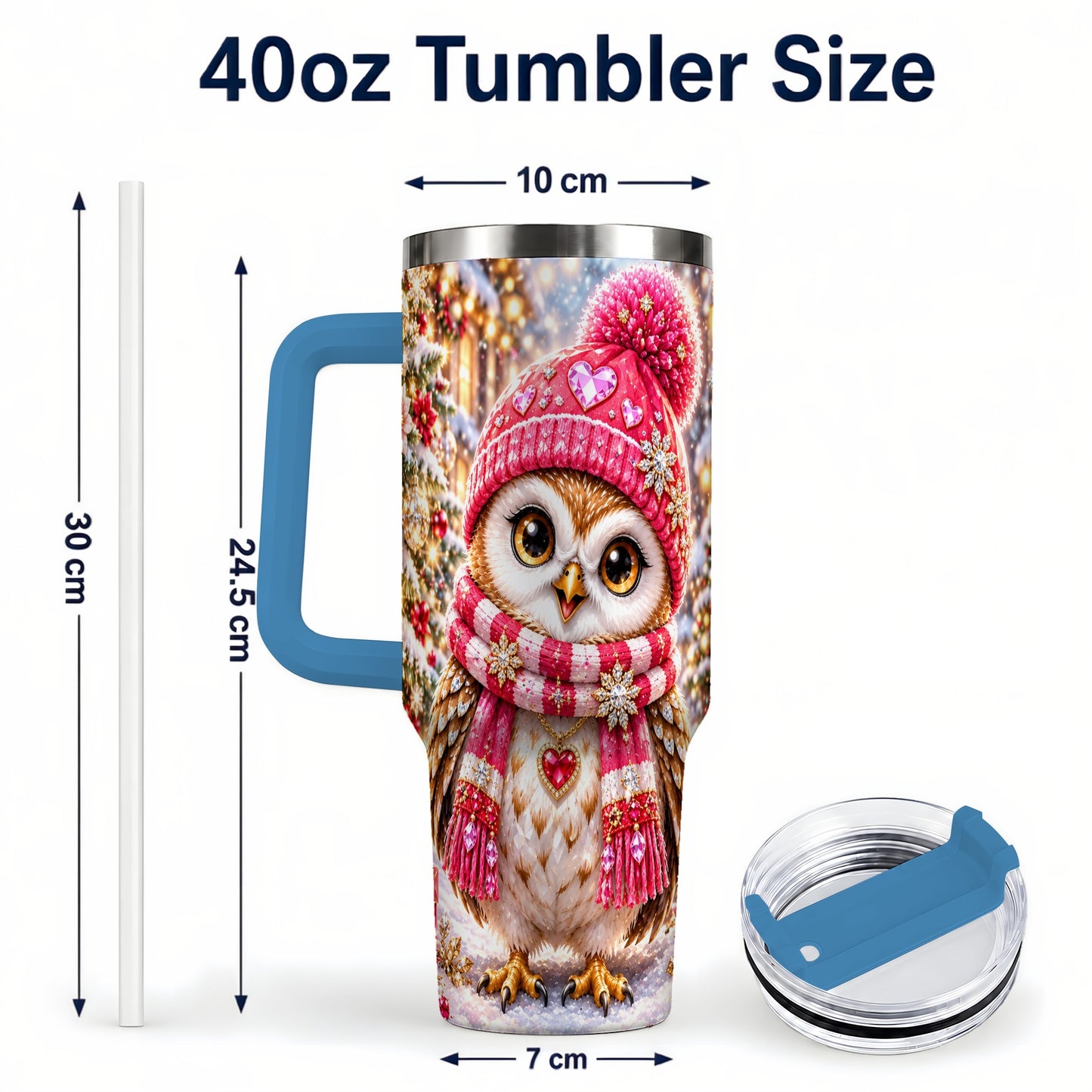 #pl[40oz|Blue] Jeweled Owl 40oz Tumbler, Winter Owl Tumbler, Stainless Steel Travel Cup