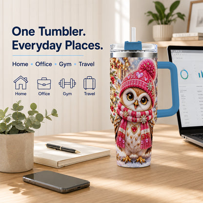 #pl[40oz|Blue] Jeweled Owl 40oz Tumbler, Winter Owl Tumbler, Stainless Steel Travel Cup