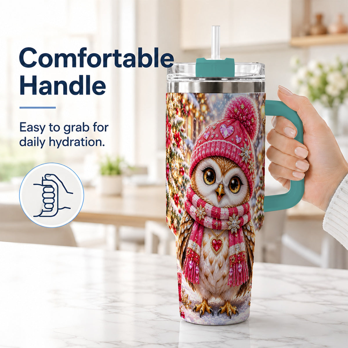 #pl[40oz|Green] Jeweled Owl 40oz Tumbler, Winter Owl Tumbler, Stainless Steel Travel Cup