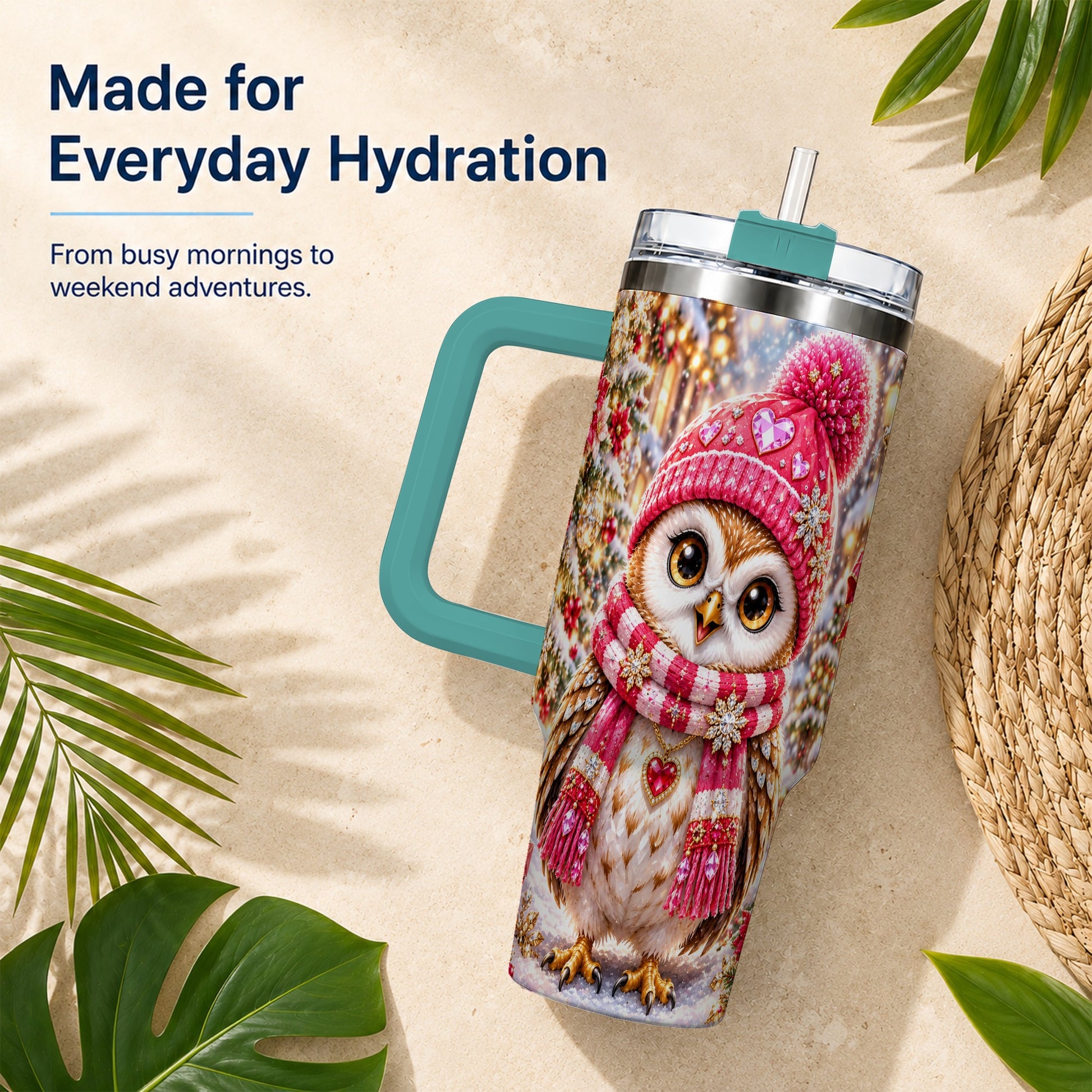 #pl[40oz|Green] Jeweled Owl 40oz Tumbler, Winter Owl Tumbler, Stainless Steel Travel Cup