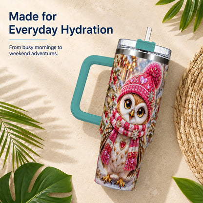 #pl[40oz|Green] Jeweled Owl 40oz Tumbler, Winter Owl Tumbler, Stainless Steel Travel Cup