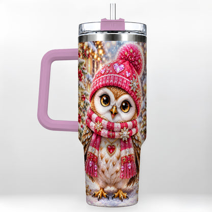 #pl[40oz|Pink] Jeweled Owl 40oz Tumbler, Winter Owl Tumbler, Stainless Steel Travel Cup