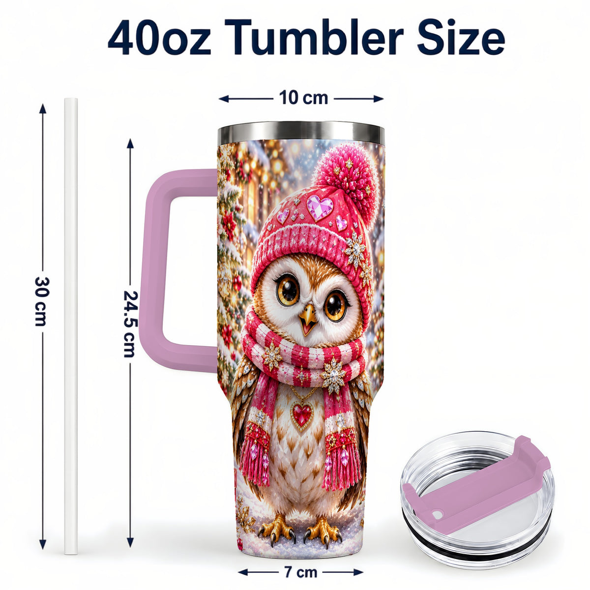 #pl[40oz|Pink] Jeweled Owl 40oz Tumbler, Winter Owl Tumbler, Stainless Steel Travel Cup