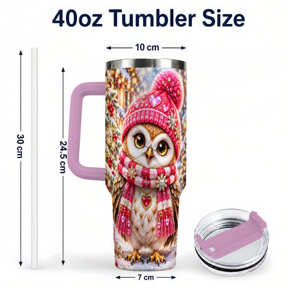 #pl[40oz|Pink] Jeweled Owl 40oz Tumbler, Winter Owl Tumbler, Stainless Steel Travel Cup