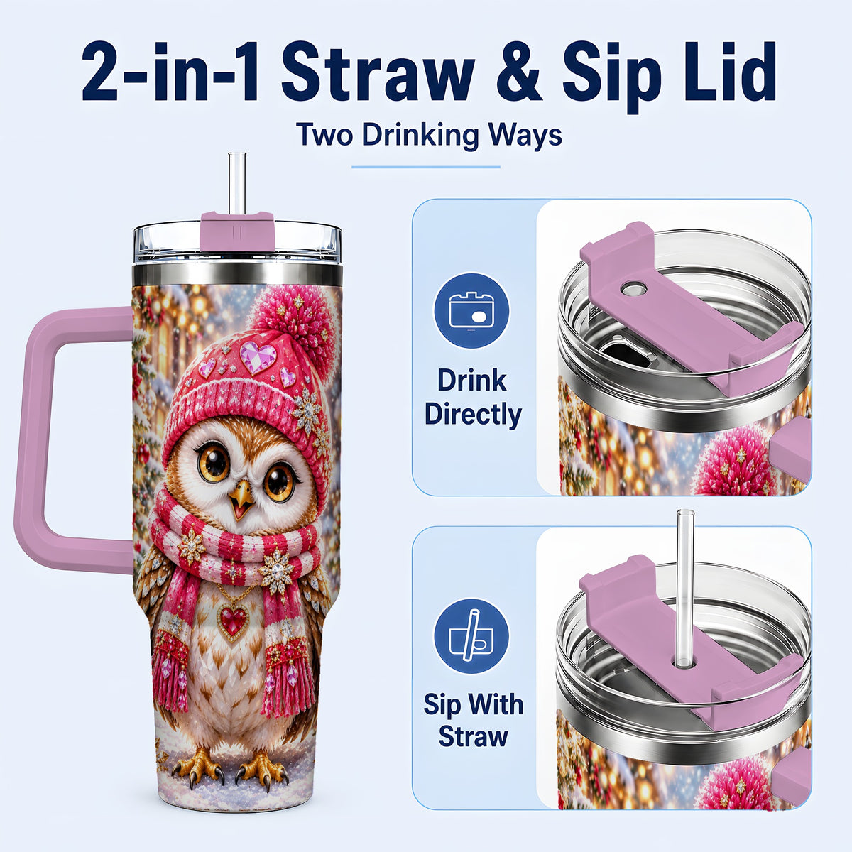 #pl[40oz|Pink] Jeweled Owl 40oz Tumbler, Winter Owl Tumbler, Stainless Steel Travel Cup